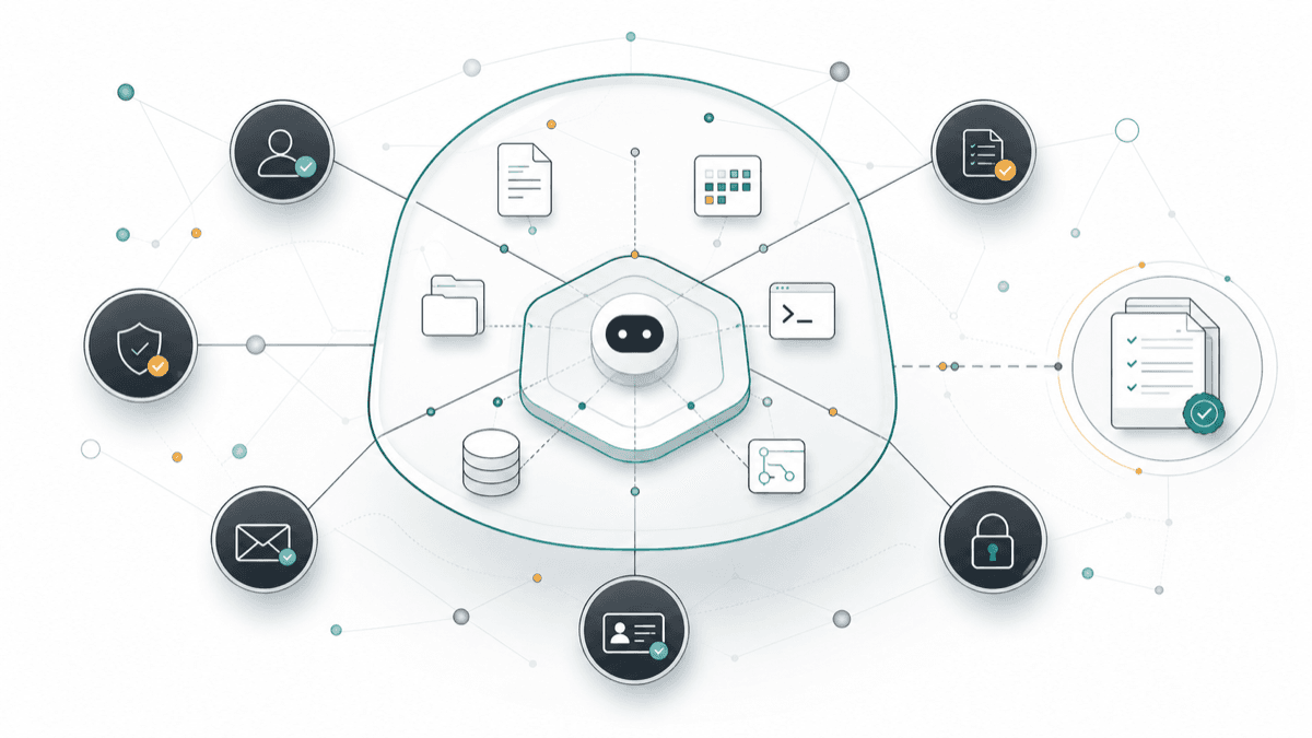 Generated illustration of an agentic workspace boundary with policy, identity, tools, files, and evidence nodes